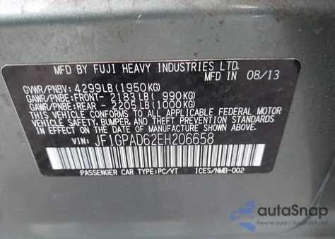 2014 Subaru Impreza 2.0I Premium z USA, uszkodzony, nr VIN JF1GPAD62EH206658